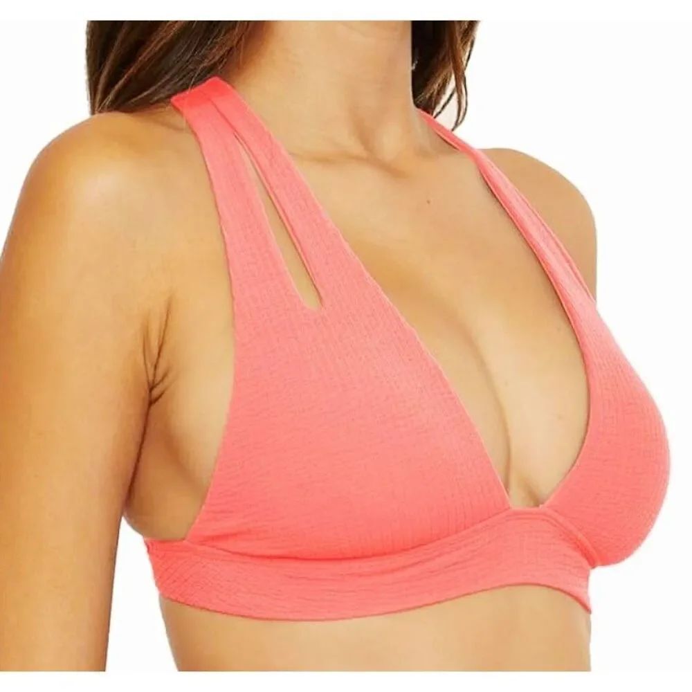Becca Women Bikini Swim Top Pucker Tear Drop Cut Out Coral Halter Bra Size D Cup